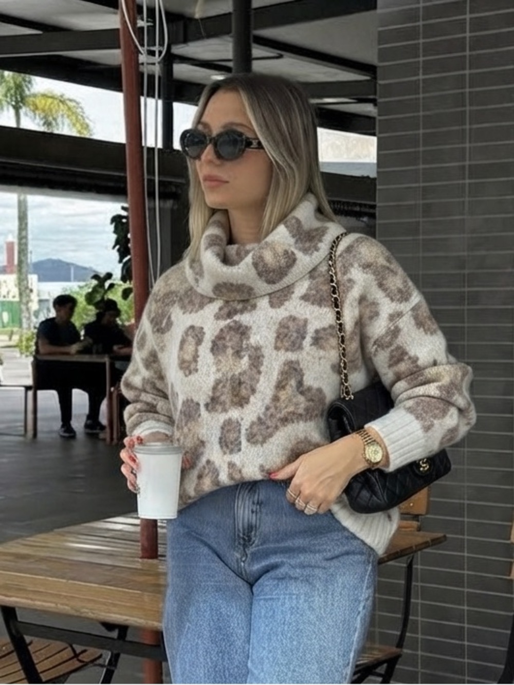 Aqua Cream and Brown Leopard-Print Funnel Neck Sweater